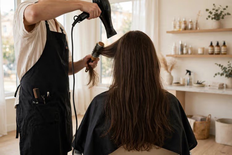 A stylist blow-drying long hair with a round brush, seen from behind