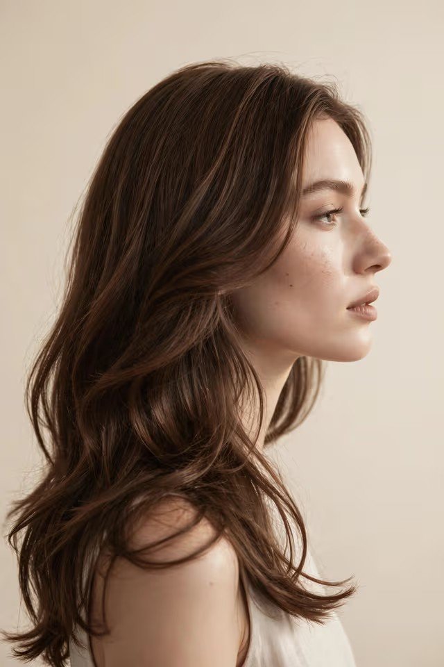 Woman with long, softly layered hair styled in gentle waves, in warm natural light