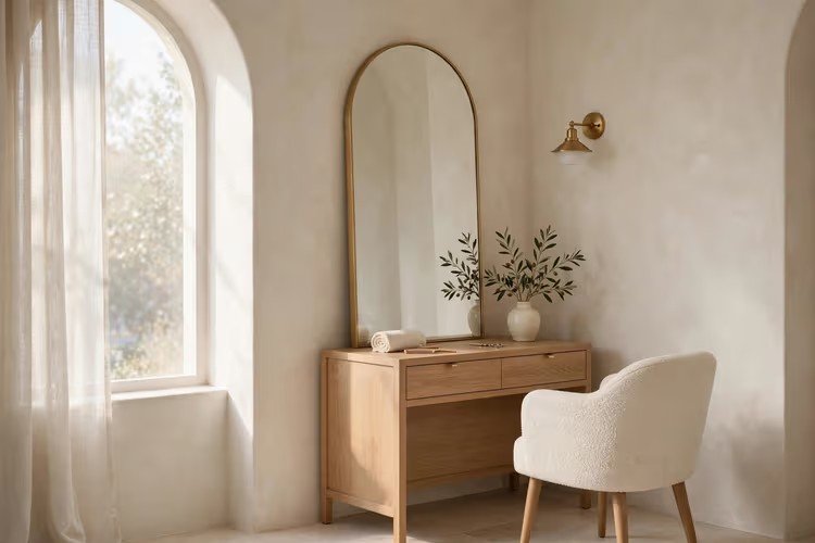 A calm, minimal salon space with warm ivory walls, wooden details and softly lit mirrors