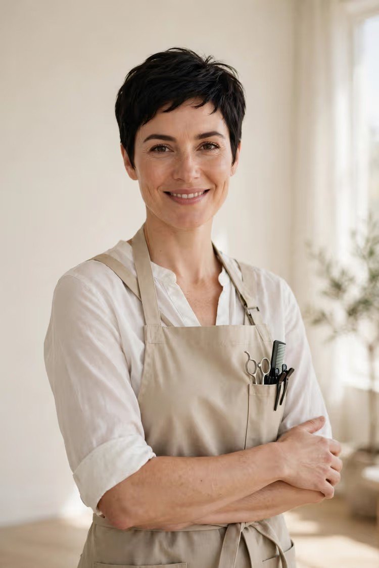 A hairstylist standing in a bright, minimal studio, smiling gently